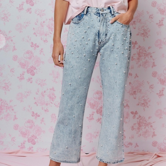 Rareraw “ Daisy ” Rareraw Pearl and Rhinestone EMBELLISHED DENIM JEANS 39 - Picture 1 of 6